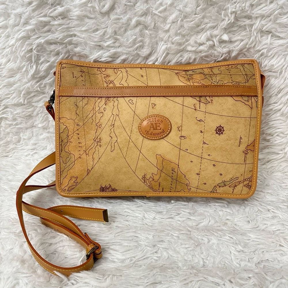 Allan Edward Tan Leather Map Print Convertible‎ Clutch Crossbody Bag medium